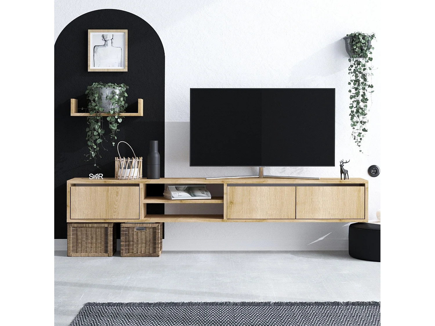 Meuble TV suspendu avec étagère murale en bois "Heka" - 180 x 30 x 25 cm - Beige