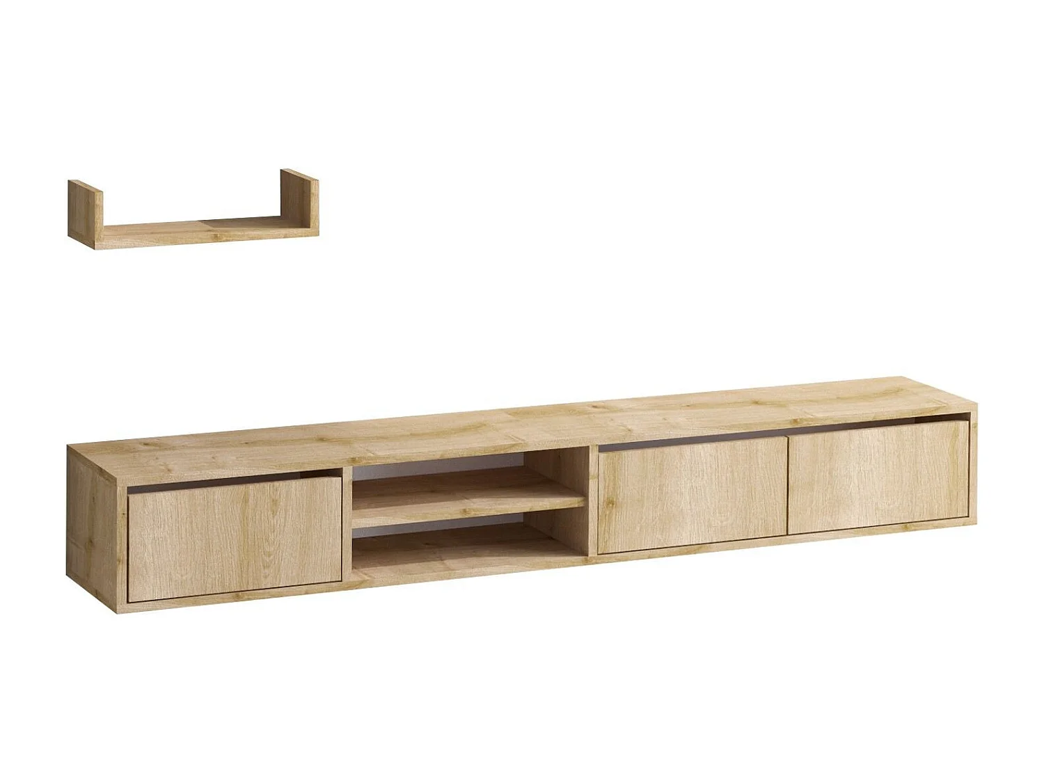 Meuble TV suspendu avec étagère murale en bois "Heka" - 180 x 30 x 25 cm - Beige