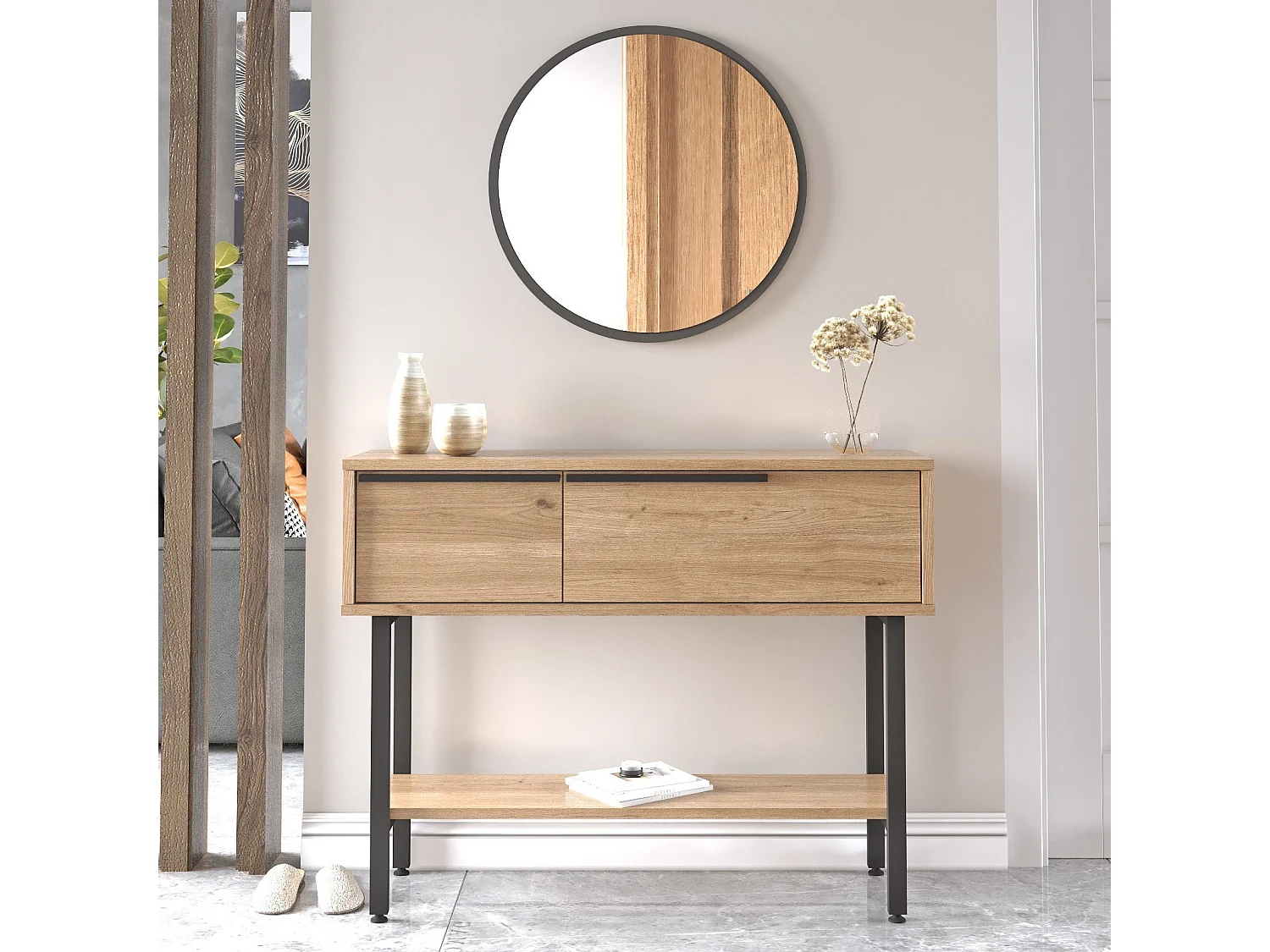 "Calvin" Träkonsol med Spegel och Förvaring - Brun - 100 x 30 x 76 cm