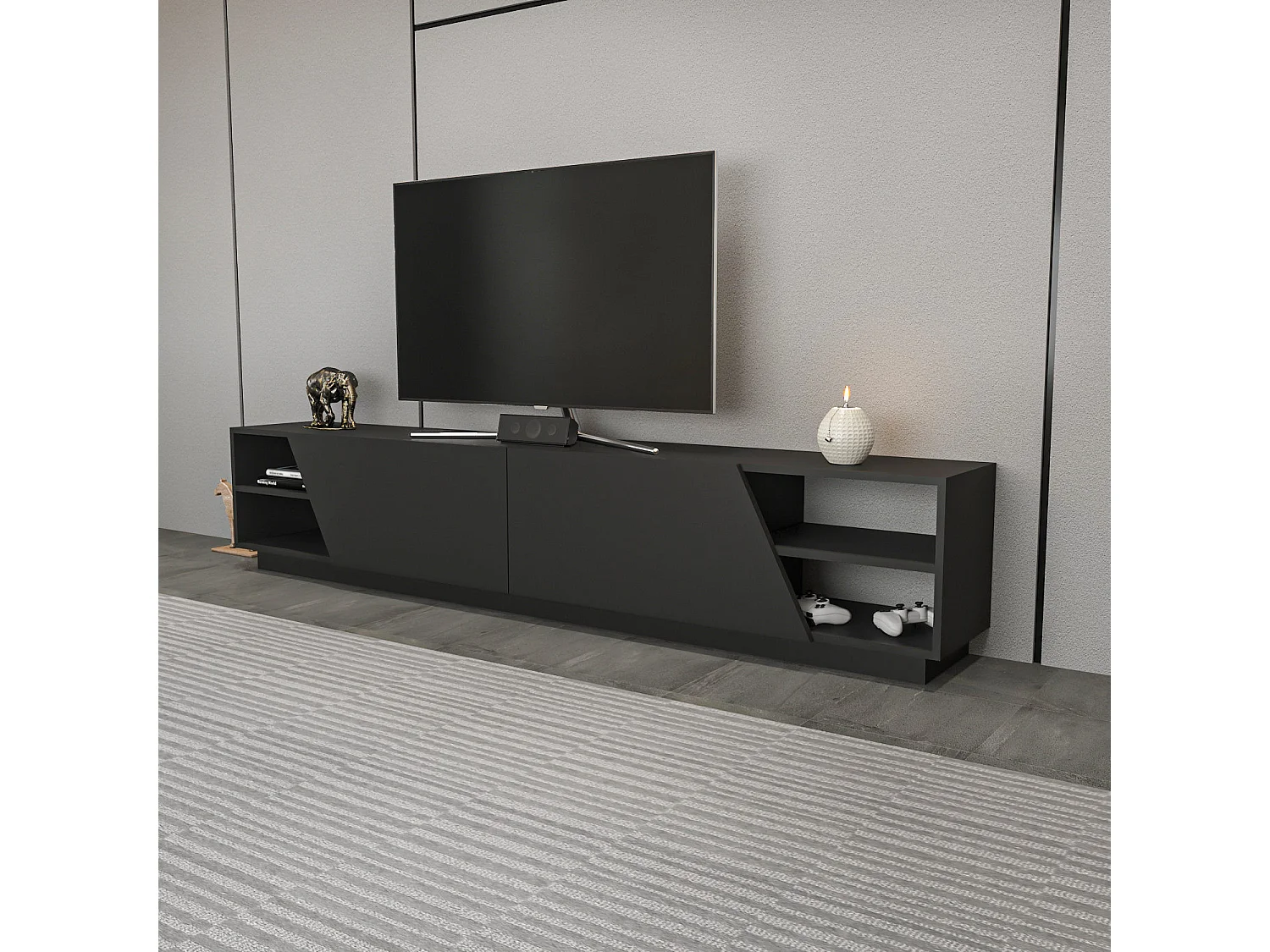 Moderne houten tv-standaard "Rhodes" - 240 x 37 x 47 cm - Antraciet Grijs