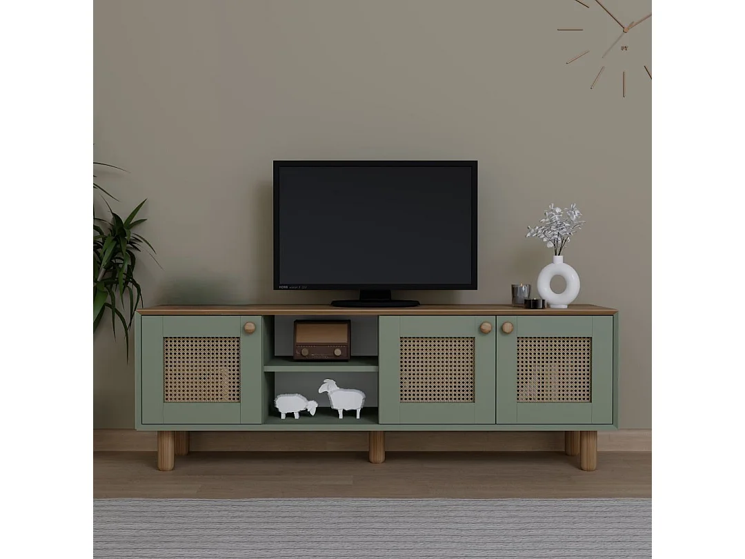 TV-meubel van hout en rotan Bohemian groen 160x40x56 cm, 3 deuren, 2 planken, natuurlijke en moderne stijl
