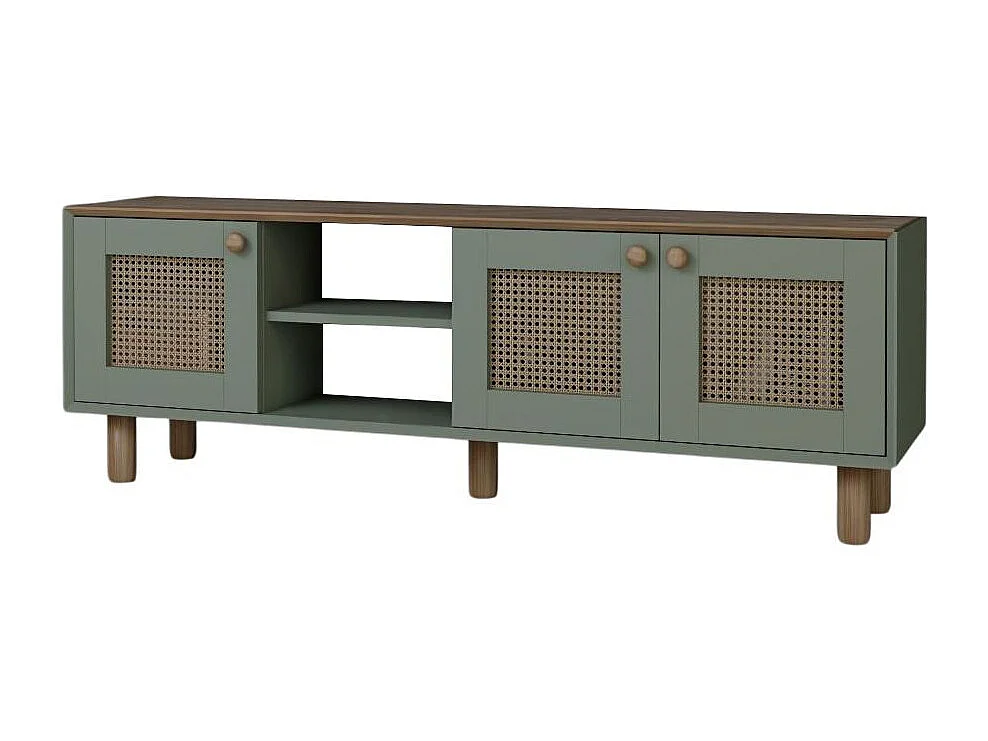 TV-meubel van hout en rotan Bohemian groen 160x40x56 cm, 3 deuren, 2 planken, natuurlijke en moderne stijl