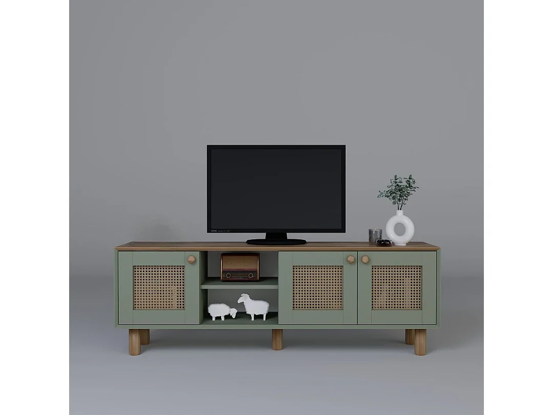 TV-meubel van hout en rotan Bohemian groen 160x40x56 cm, 3 deuren, 2 planken, natuurlijke en moderne stijl