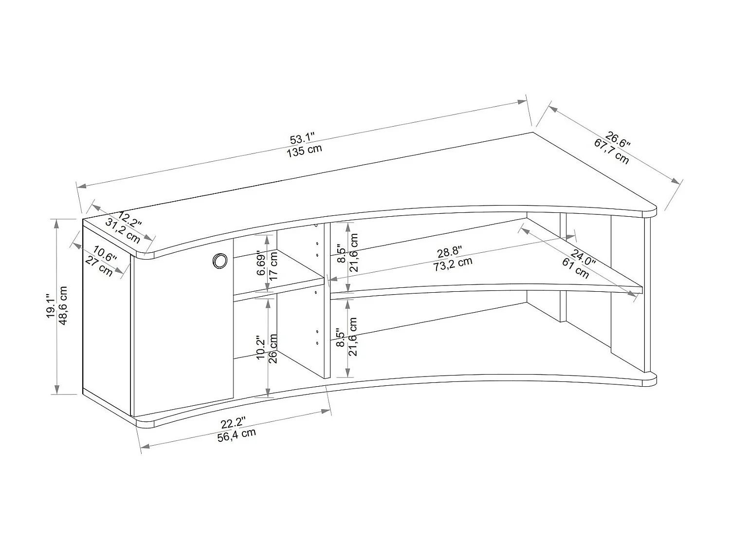 Eck-TV-Möbel aus Holz "Termera" - 135 x 67 x 48 cm - Braun