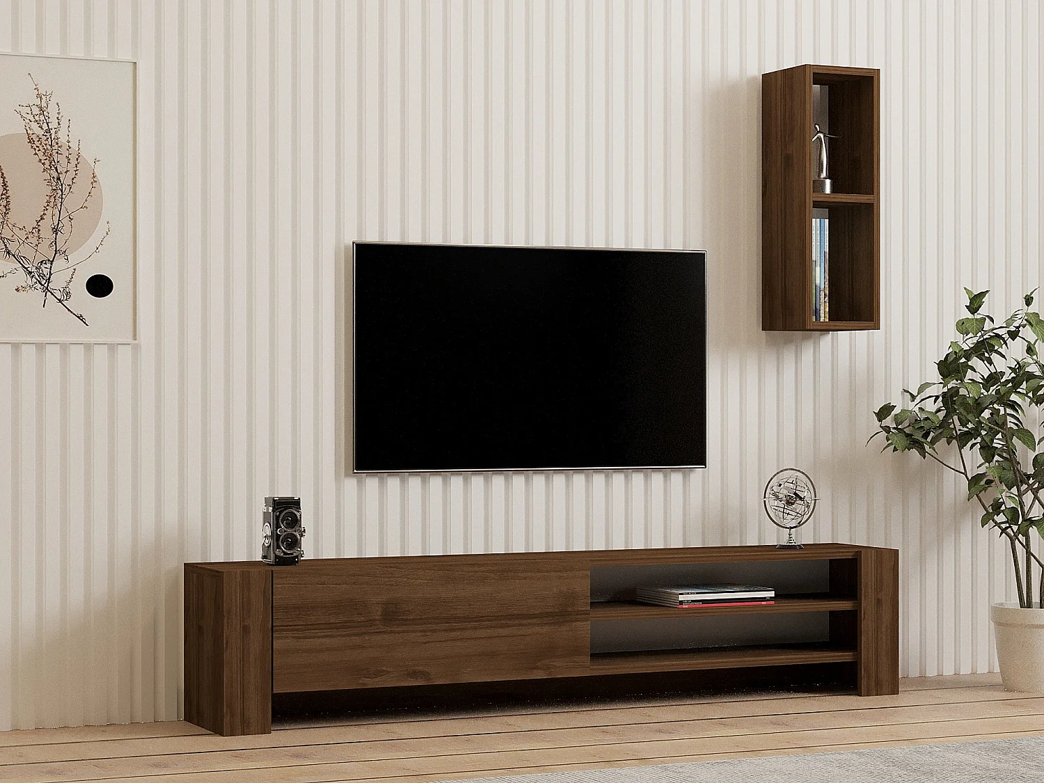Meuble TV avec étagère murale en bois "Naz" - 160 x 26 x 33 cm - Marron