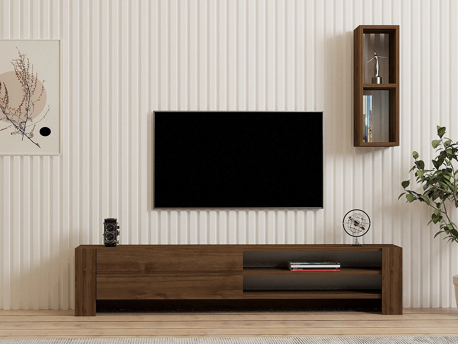 Meuble TV avec étagère murale en bois "Naz" - 160 x 26 x 33 cm - Marron