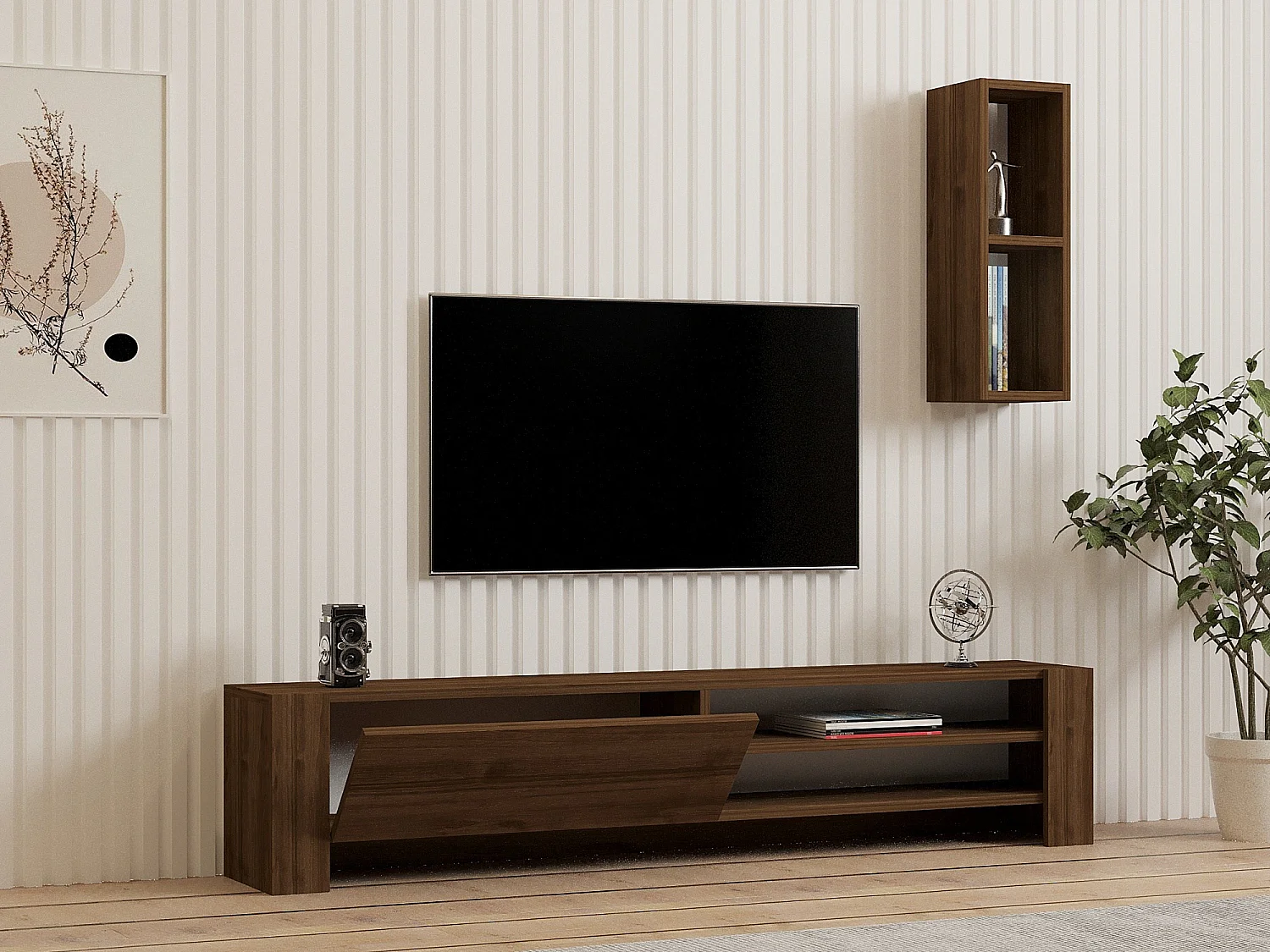 Meuble TV avec étagère murale en bois "Naz" - 160 x 26 x 33 cm - Marron
