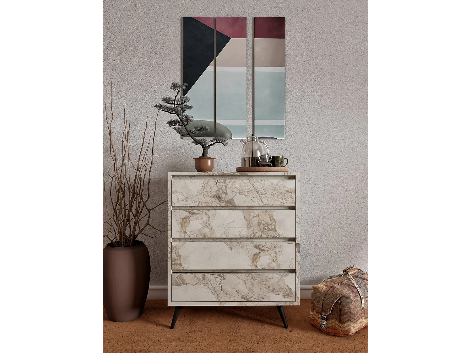 Kommode aus beige marmoriertem Holz "Suvera" 4 Schubladen 70x40x86 cm modernes und natürliches Design