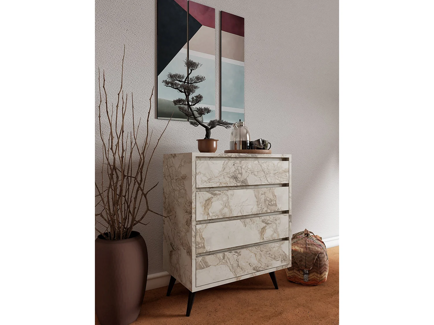 Kommode aus beige marmoriertem Holz "Suvera" 4 Schubladen 70x40x86 cm modernes und natürliches Design