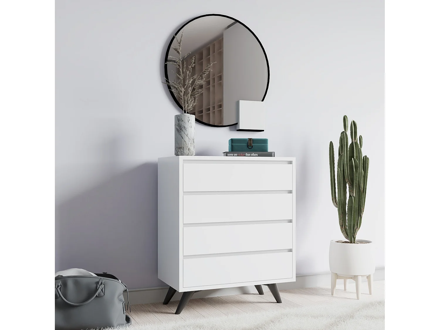 Weiße Holzkommode Suvera mit 4 Schubladen 70x40x86 cm modernes und schlichtes Design