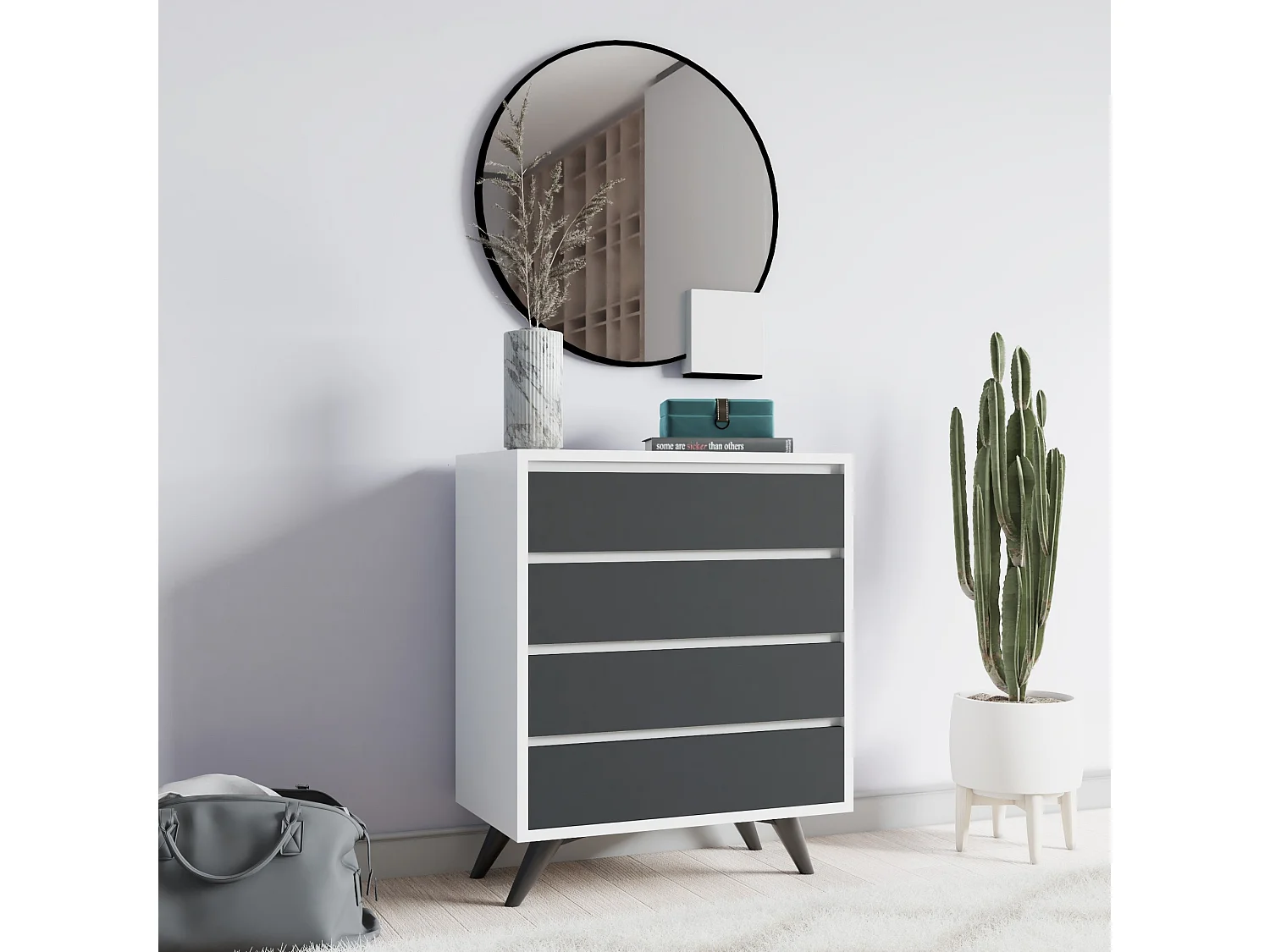 Kommode Suvera aus Holz mit 4 Schubladen 70x40x86 cm Weiß und Anthrazitgrau, modernes und praktisches Design