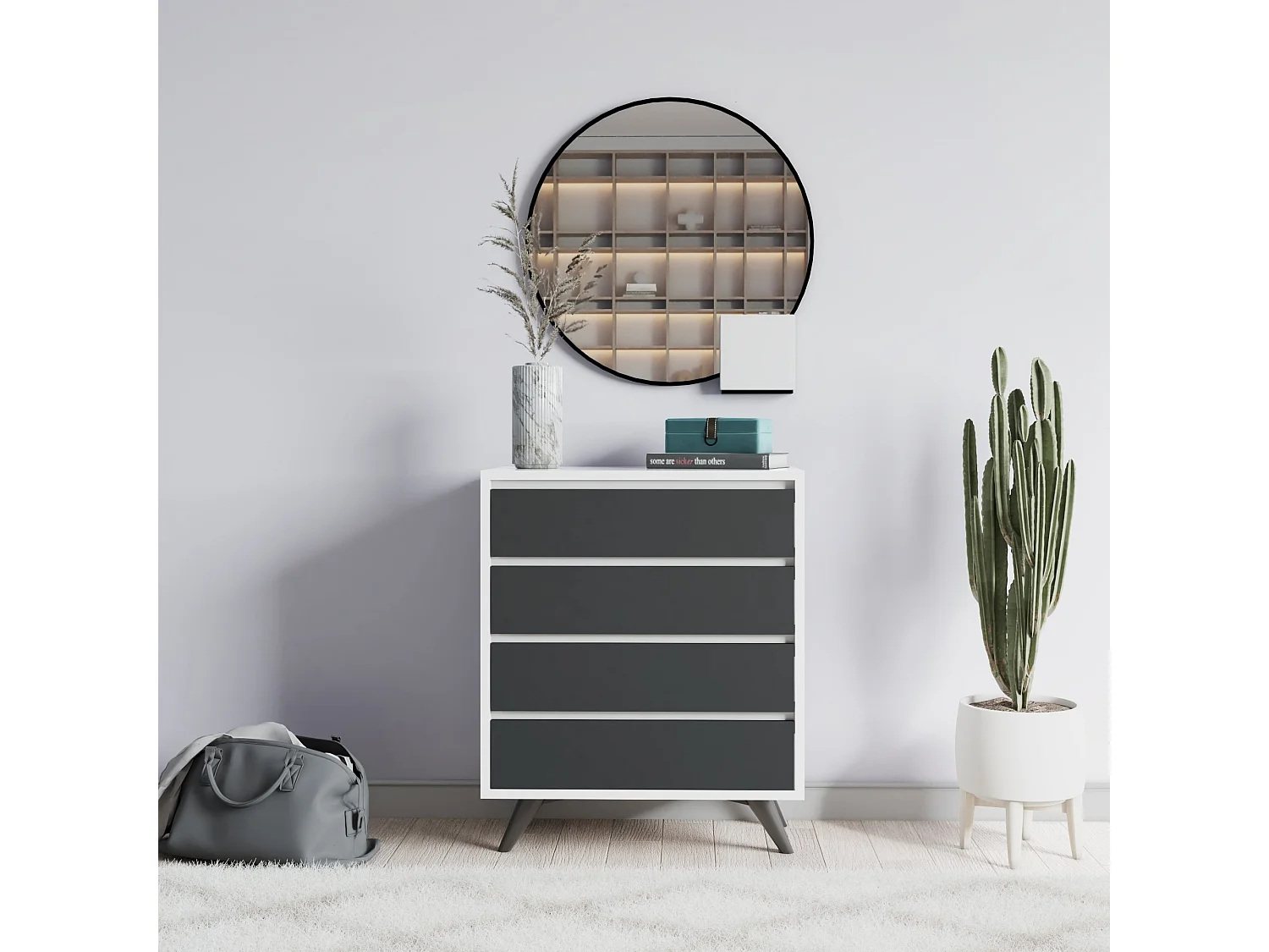 Kommode Suvera aus Holz mit 4 Schubladen 70x40x86 cm Weiß und Anthrazitgrau, modernes und praktisches Design