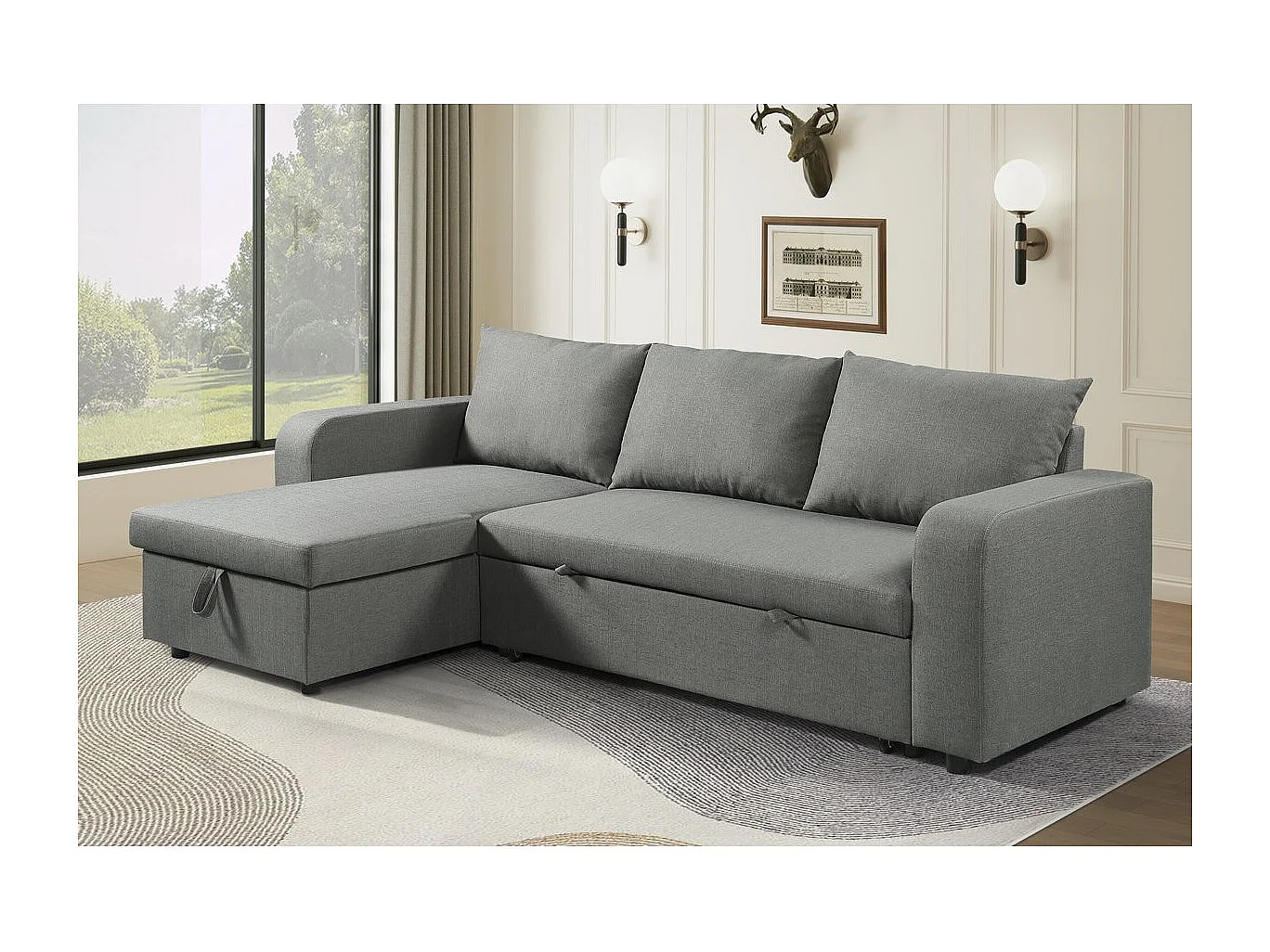 Canapé d'angle réversible/convertible en tissu "Victor" - 4 places - Gris