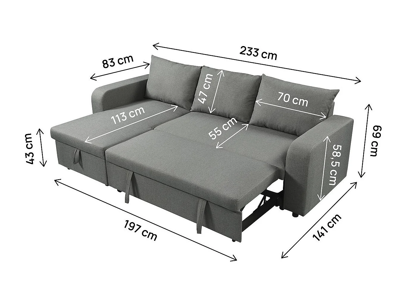 Canapé d'angle réversible/convertible en tissu "Victor" - 4 places - Gris