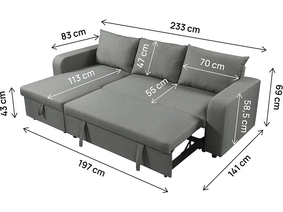 Canapé d'angle convertible 3 places réversible en velours gris