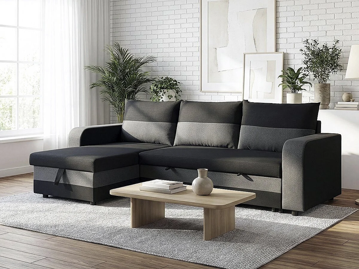 Canapé d'angle réversible/convertible en tissu "Victor" - 4 places - Noir