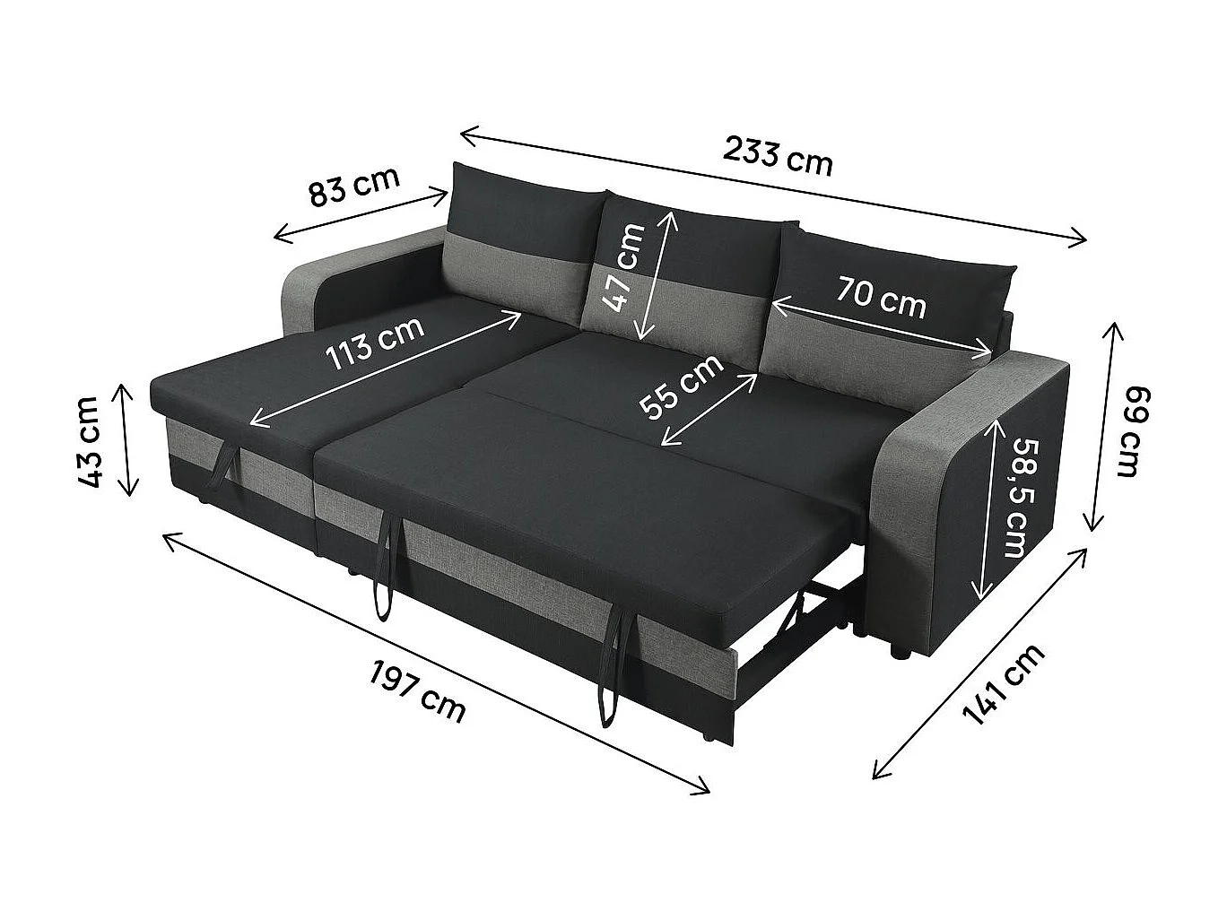Canapé d'angle réversible/convertible en tissu "Victor" - 4 places - Noir