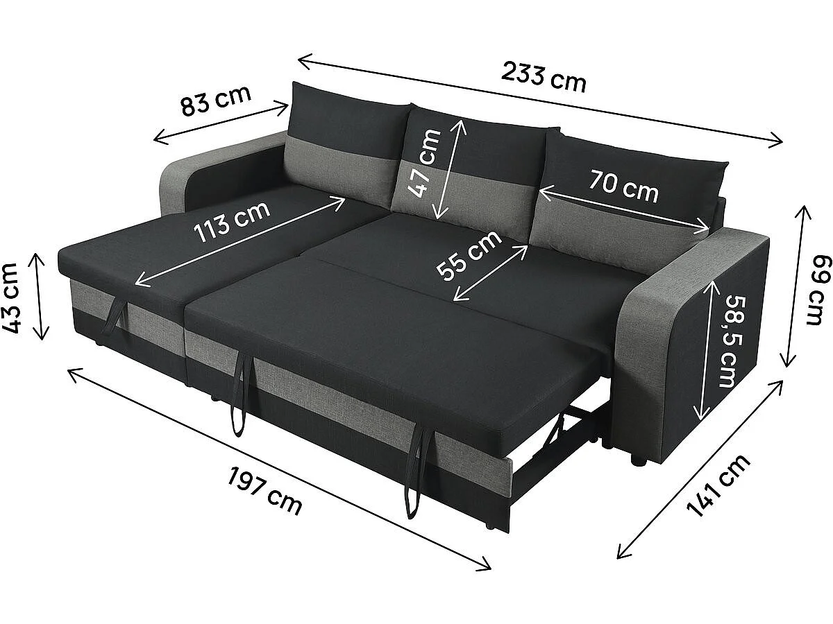 Canapé d'angle convertible 3 places réversible en velours noir