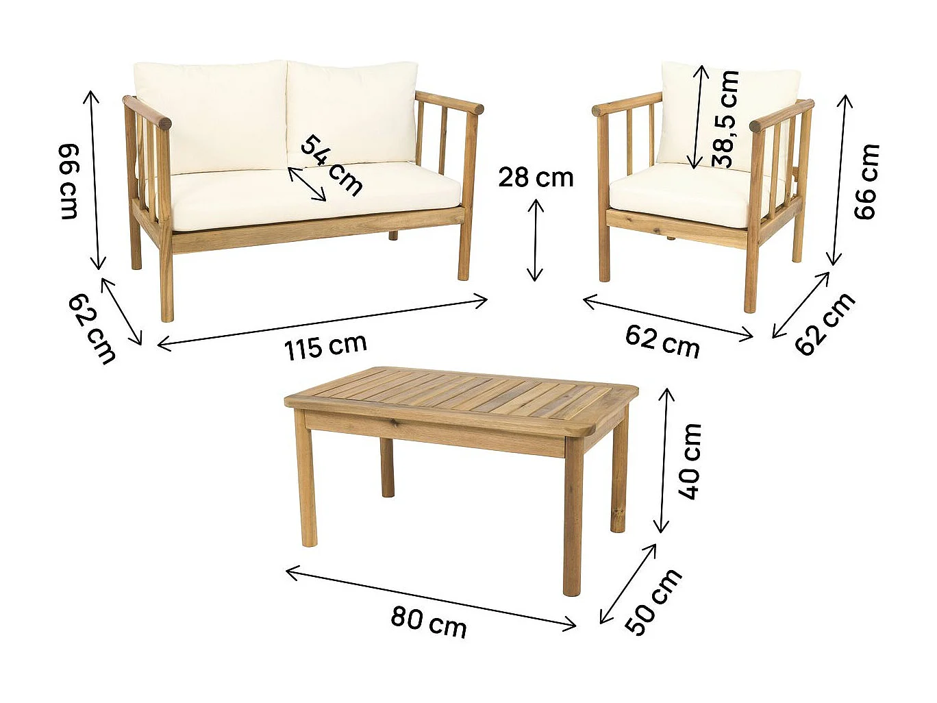 Set di mobili da giardino in legno "Milano" con cuscini - 4 posti - Beige