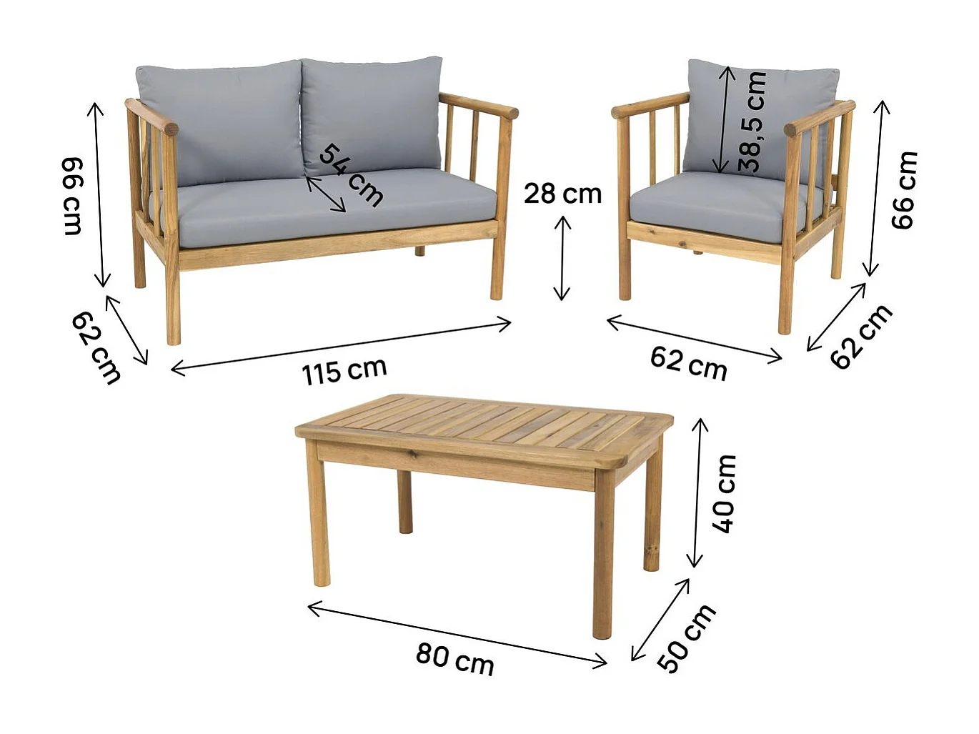 Set di mobili da giardino in legno "Milano" con cuscini - 4 posti - Grigio
