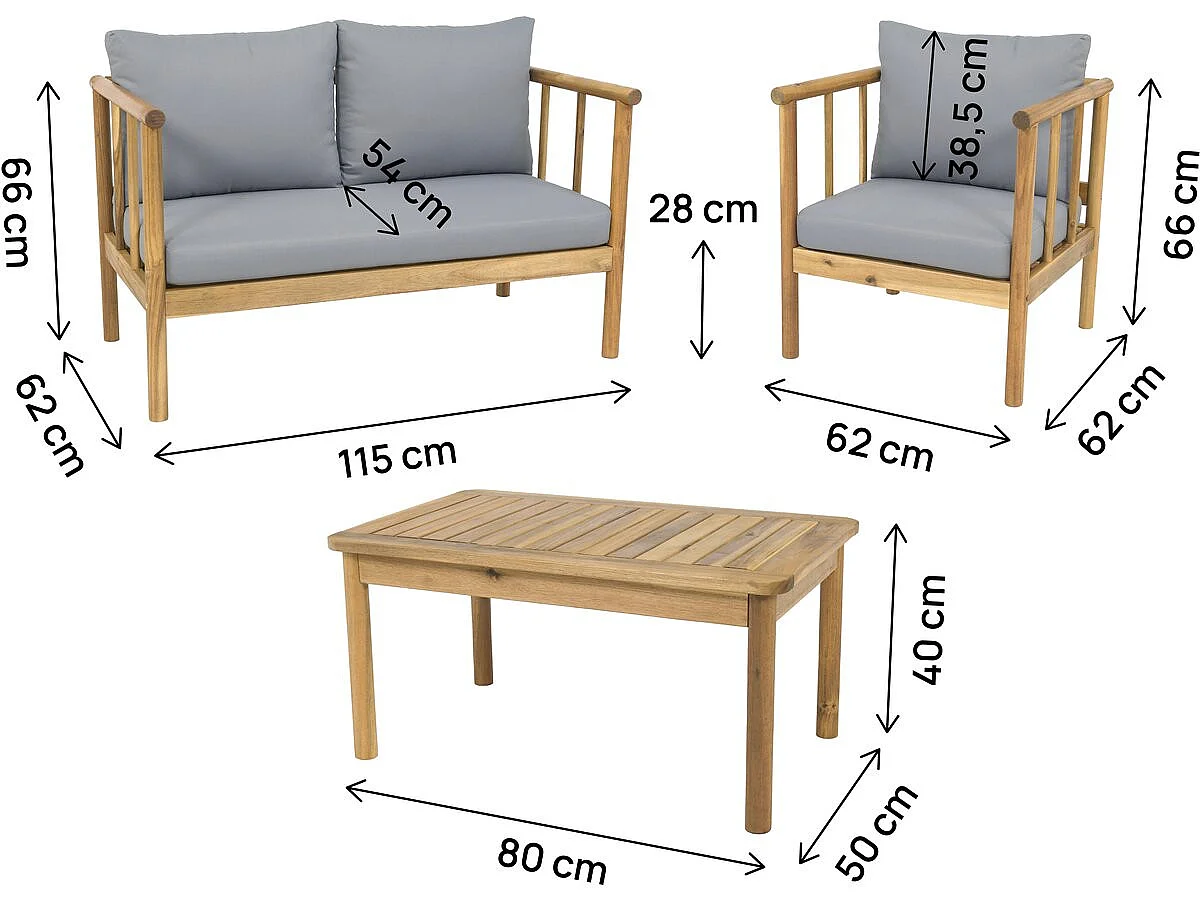 Conjunto de jardín de madera con cojines incluidos <<Milano>> - 4 plazas - Gris
