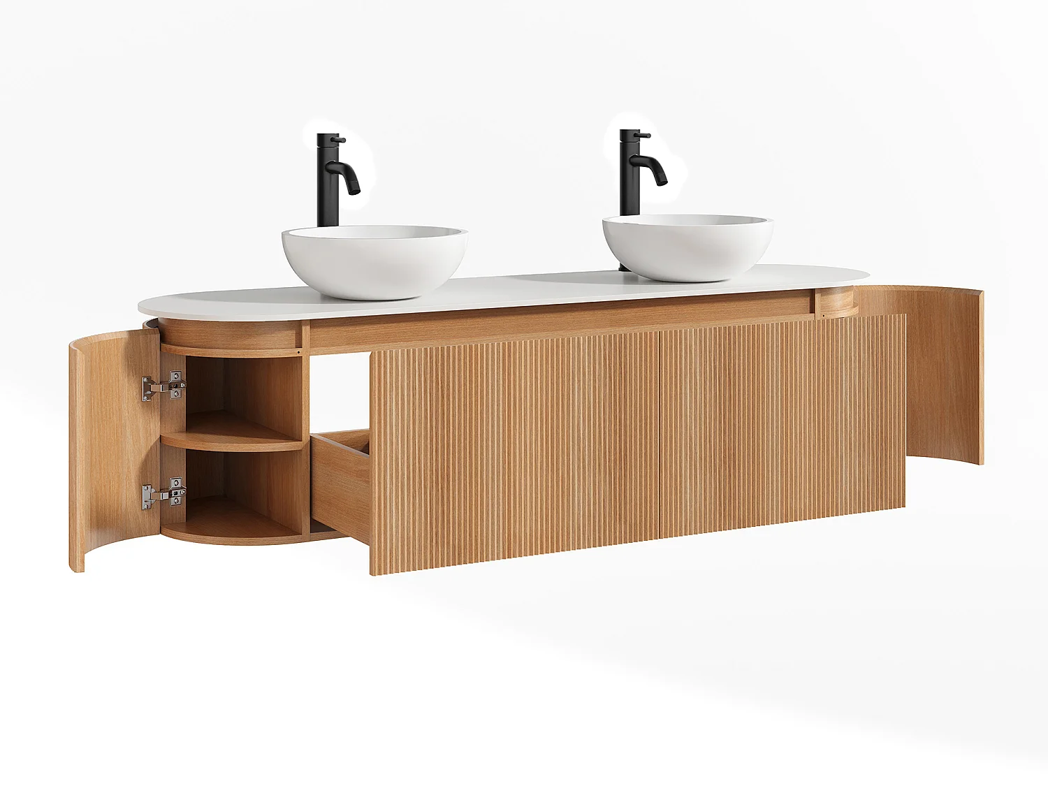Meuble de salle de bain suspendu strié avec double vasque à poser ronde en solid surface et robinet – Naturel clair - L180 cm - LILIKO
