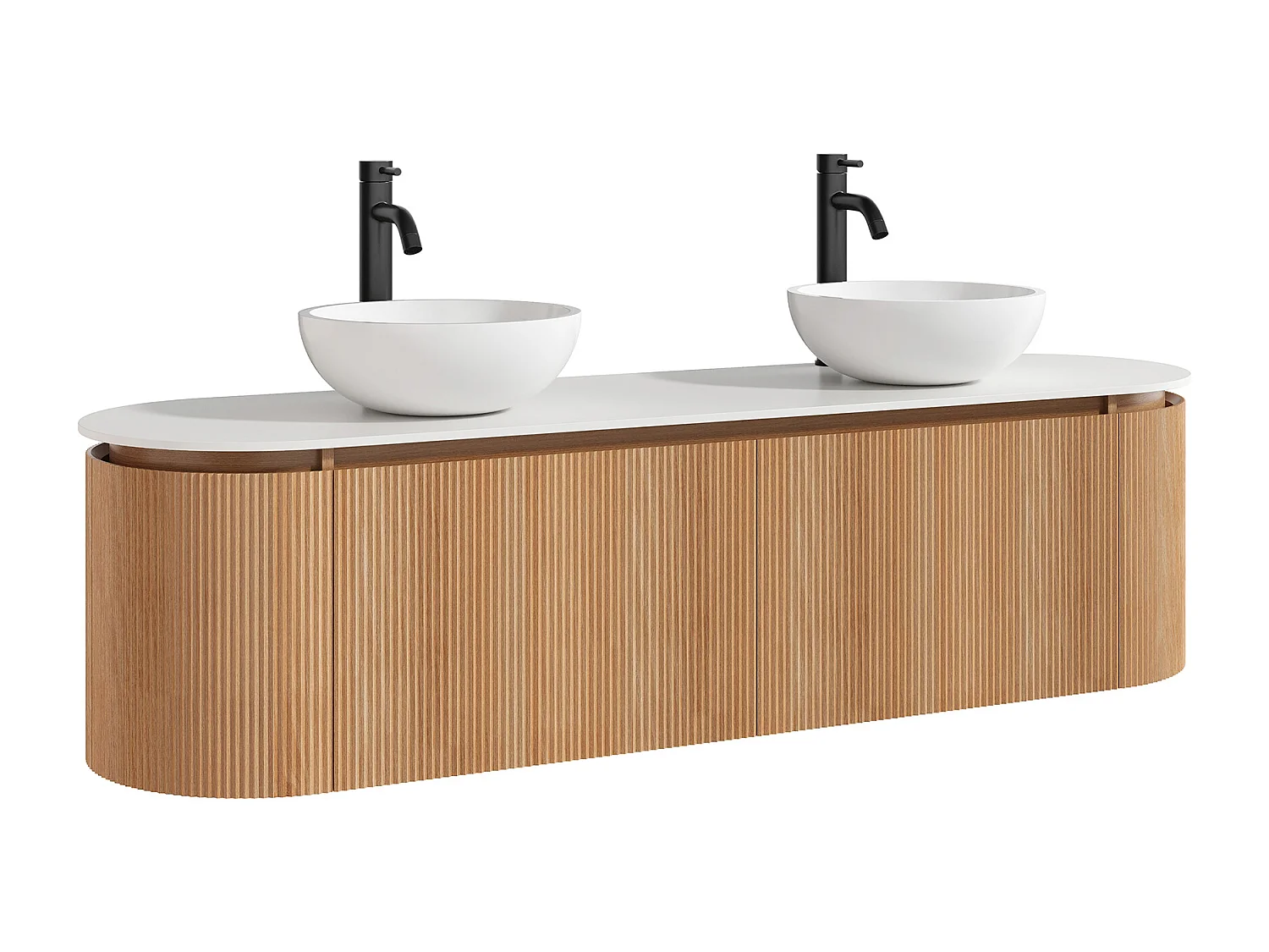 Meuble de salle de bain suspendu strié avec double vasque à poser ronde en solid surface et robinet – Naturel clair - L180 cm - LILIKO