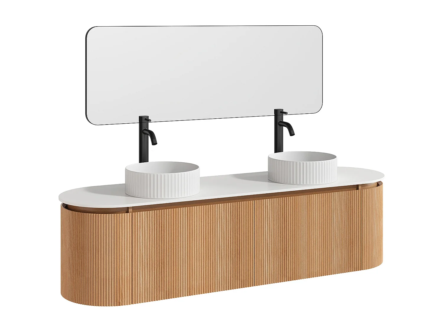 Meuble de salle de bain suspendu strié avec double vasque à poser ronde striée, robinet et miroir – Naturel clair - L180 cm - LILIKO