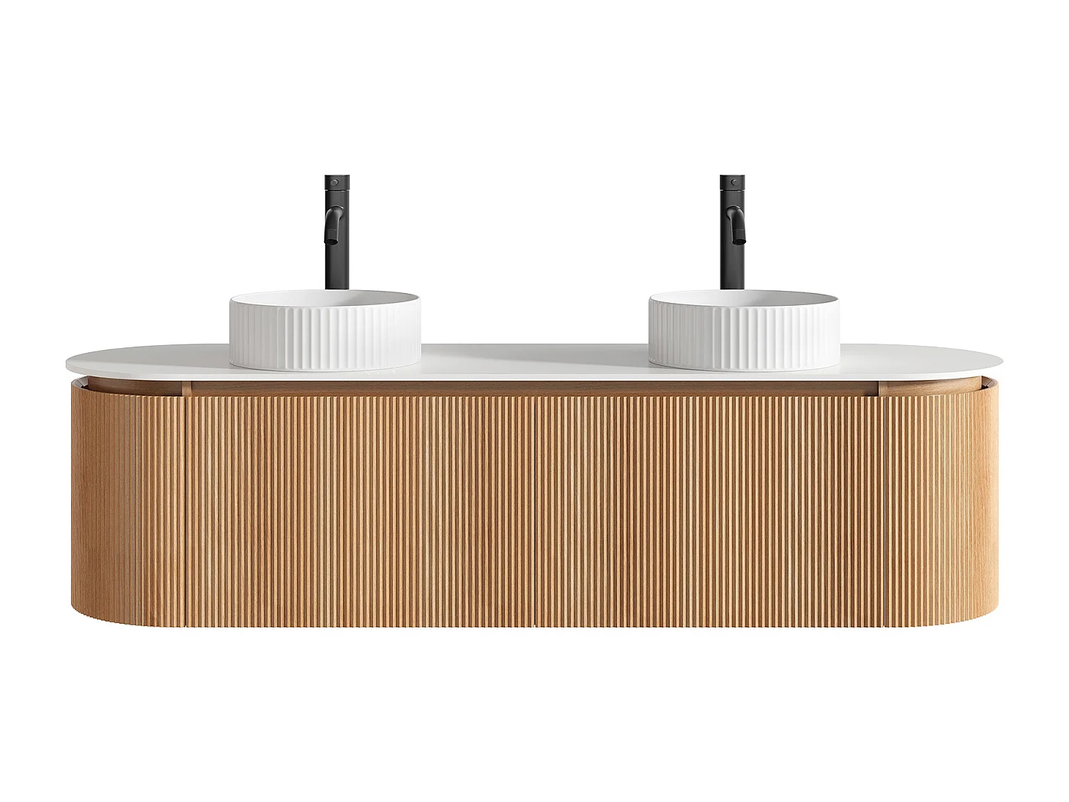 Meuble de salle de bain suspendu strié avec double vasque à poser ronde striée, robinet et miroir – Naturel clair - L180 cm - LILIKO