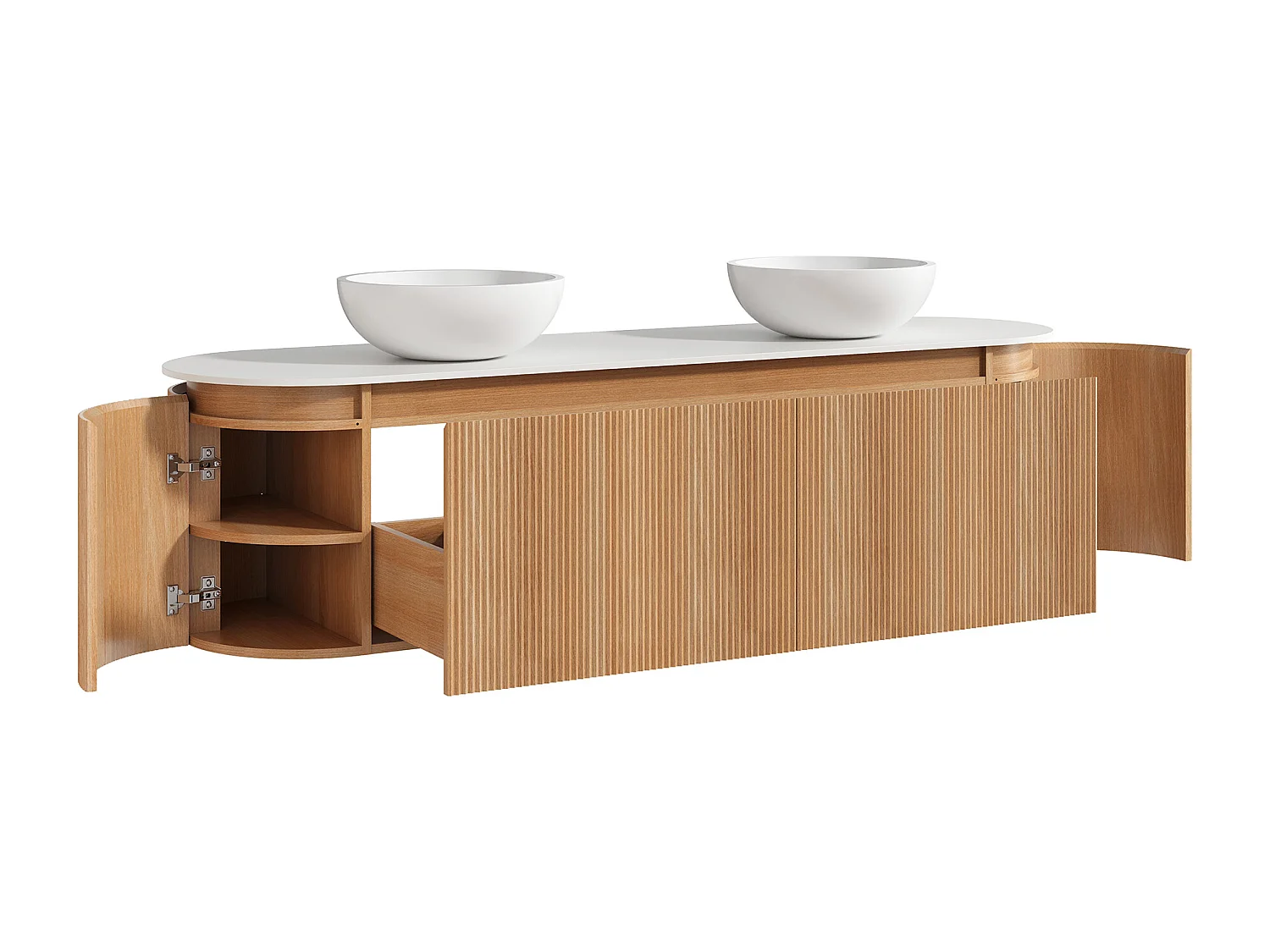 Meuble de salle de bain suspendu strié avec double vasque à poser ronde en solid surface – Naturel clair - L180 cm - LILIKO