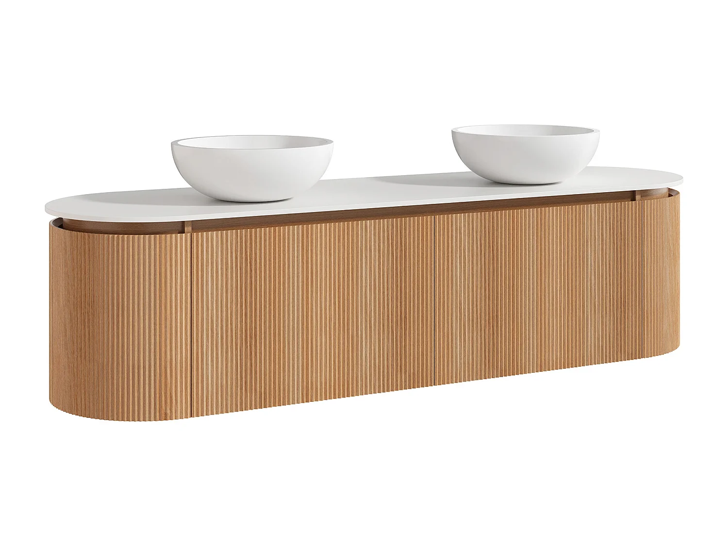 Meuble de salle de bain suspendu strié avec double vasque à poser ronde en solid surface – Naturel clair - L180 cm - LILIKO