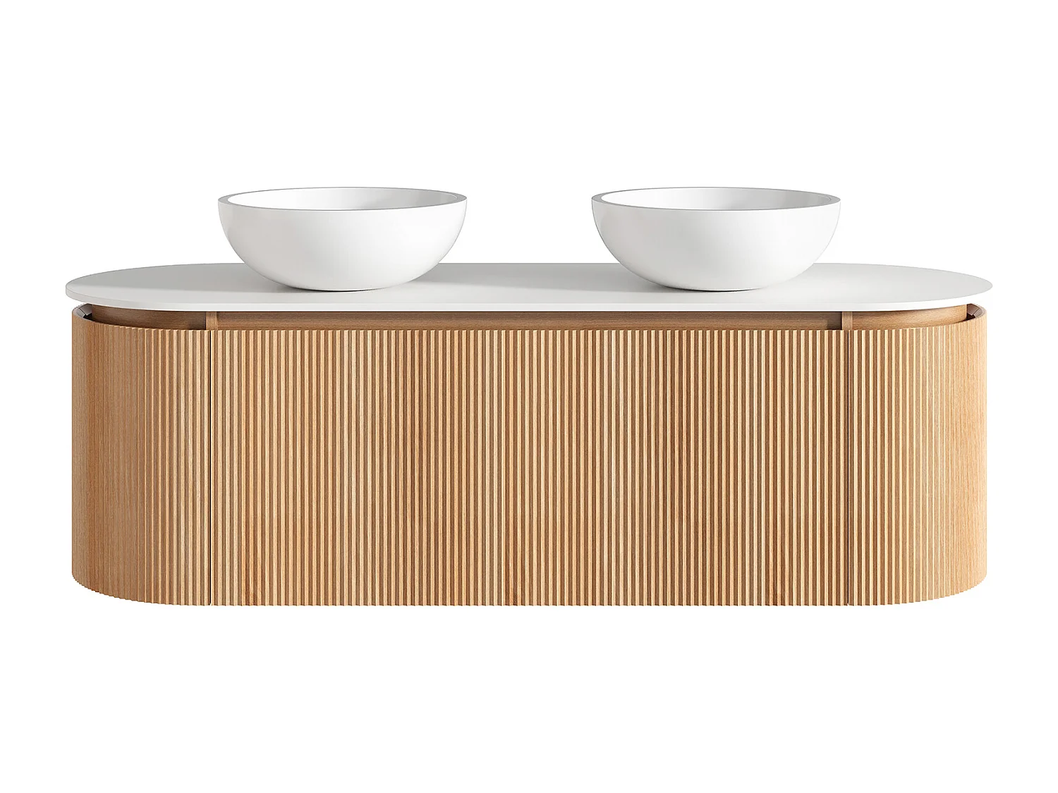 Meuble de salle de bain suspendu strié avec double vasque à poser ronde en solid surface – Naturel clair - L150 cm - LILIKO