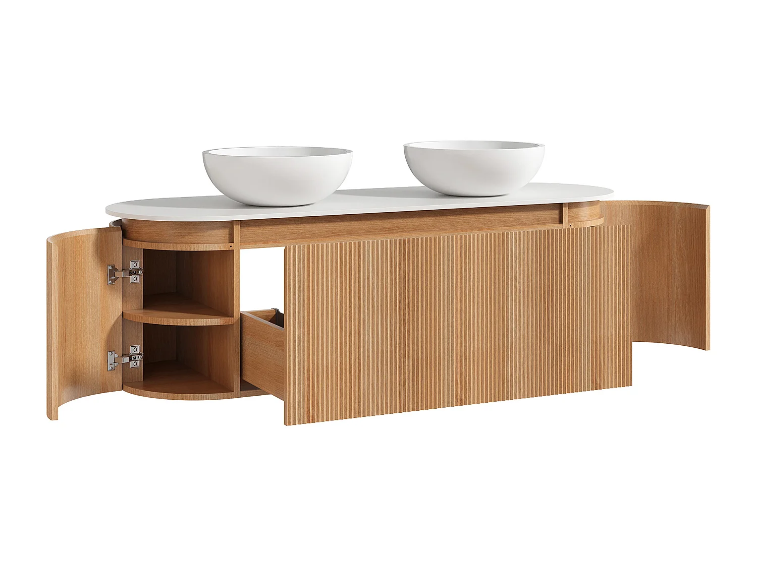 Meuble de salle de bain suspendu strié avec double vasque à poser ronde en solid surface – Naturel clair - L150 cm - LILIKO