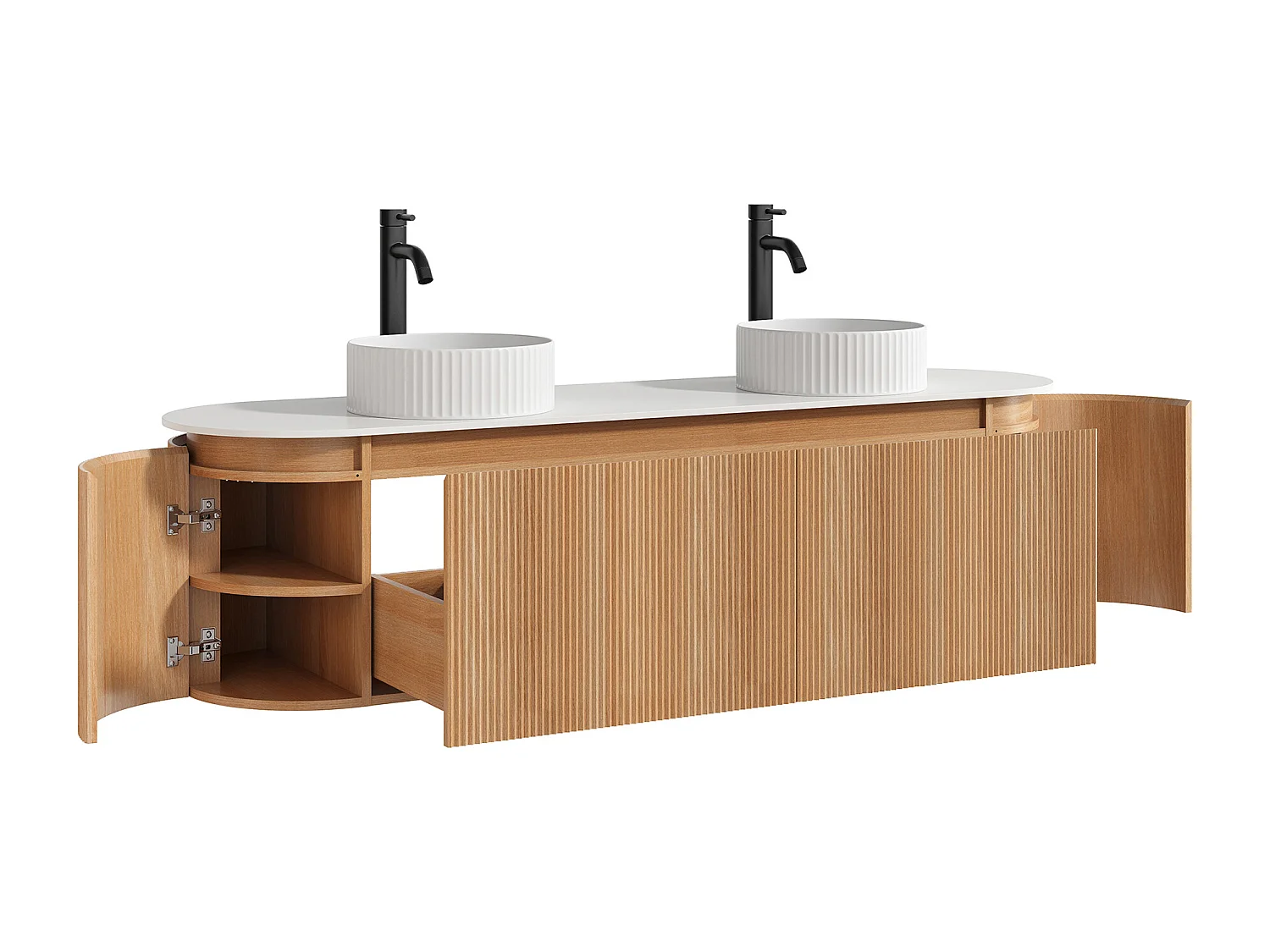 Meuble de salle de bain suspendu strié avec double vasque à poser ronde striée et robinet – Naturel clair - L180 cm - LILIKO