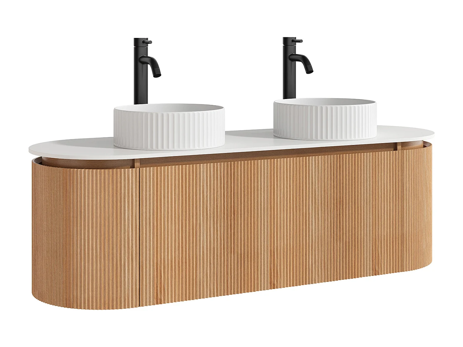 Meuble de salle de bain suspendu strié avec double vasque à poser ronde striée et robinet – Naturel clair - L150 cm - LILIKO