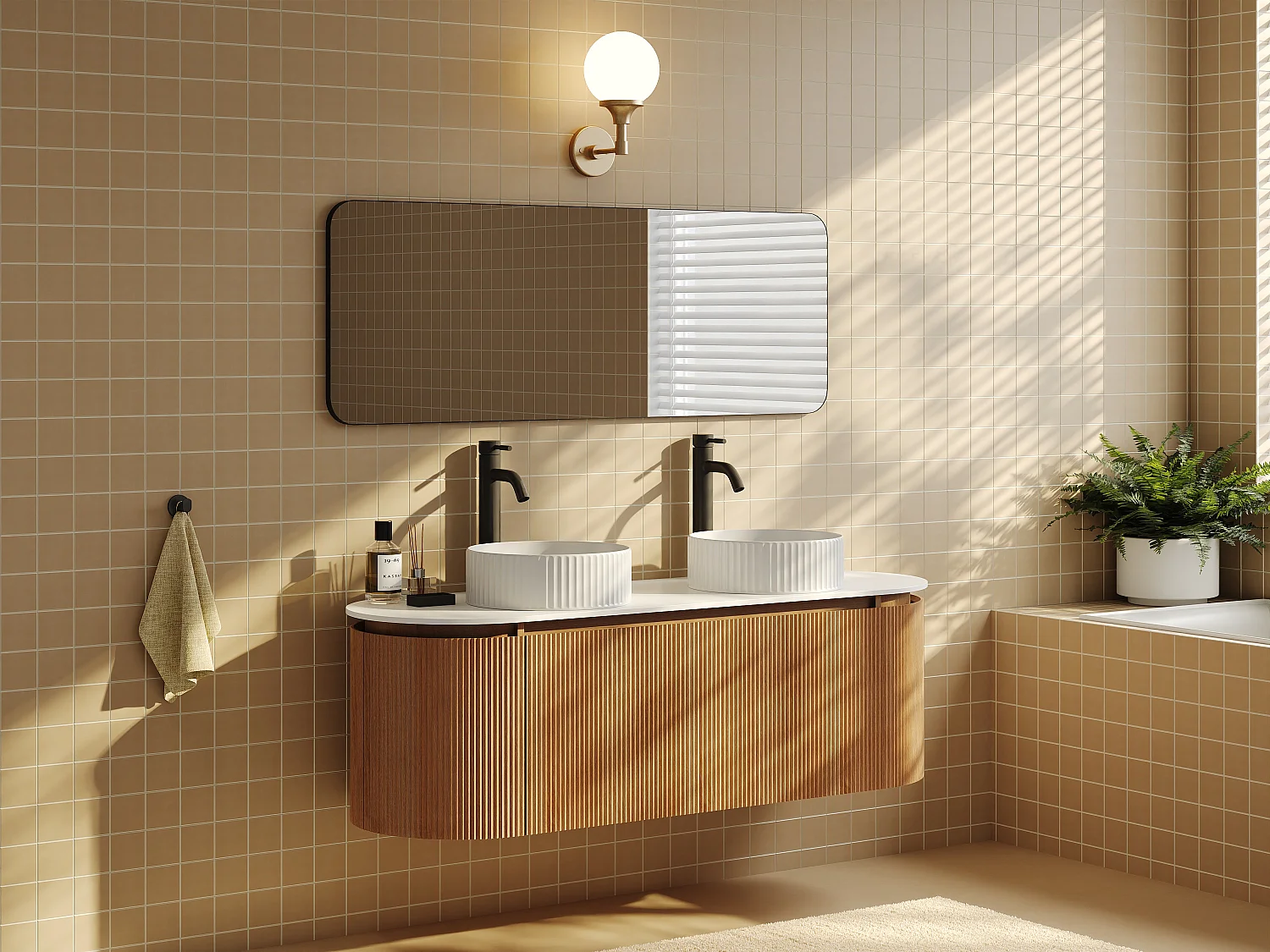 Meuble de salle de bain suspendu strié avec double vasque à poser ronde striée et robinet – Naturel clair - L150 cm - LILIKO