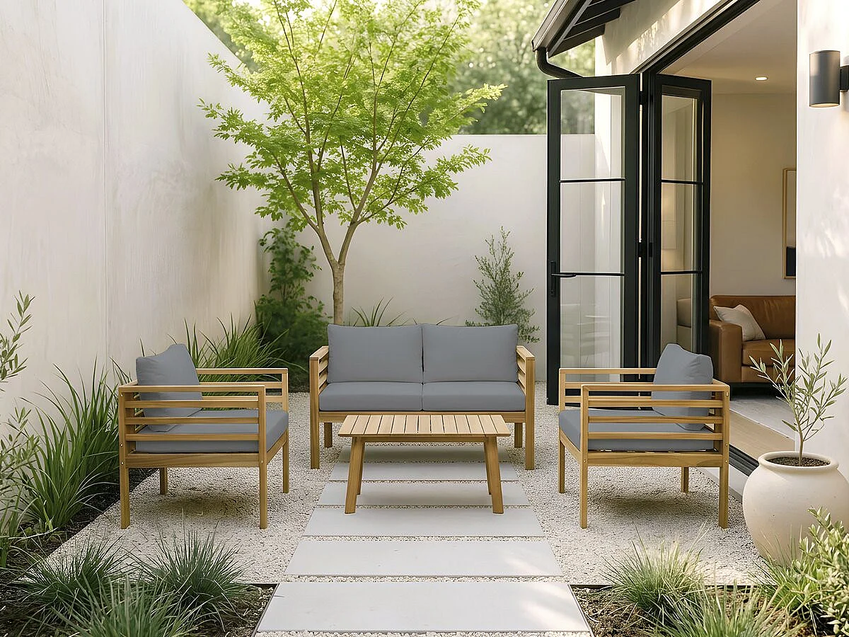 Salon de jardin en bois avec coussins "Beckham" - 4 places - Gris