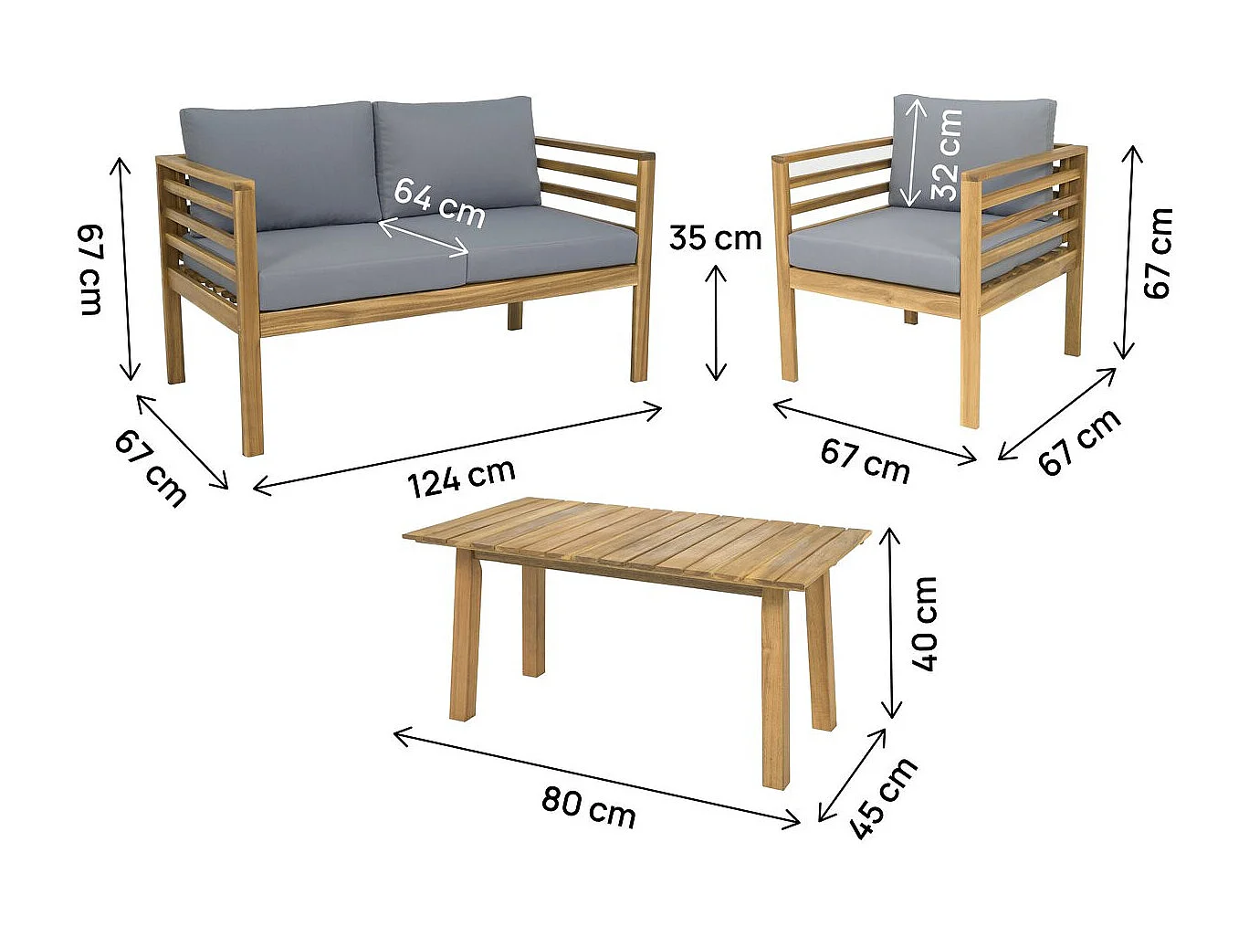 Salon de jardin en bois avec coussins "Beckham" - 4 places - Gris