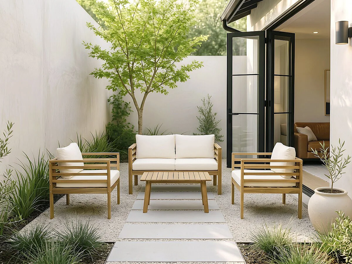 Tuinset voor 4 personen van geolied acaciahout met dikke beige kussens "Beckham"