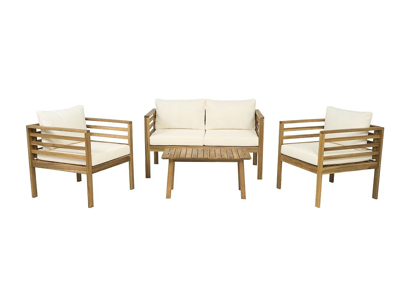 Tuinset voor 4 personen van geolied acaciahout met dikke beige kussens "Beckham"