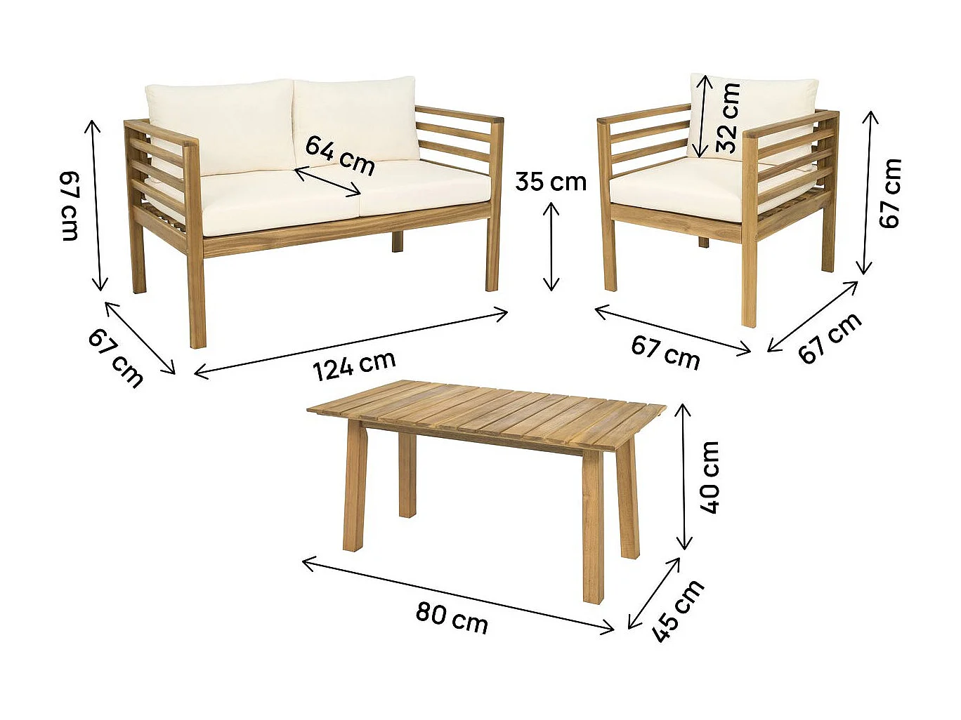 Tuinset voor 4 personen van geolied acaciahout met dikke beige kussens "Beckham"