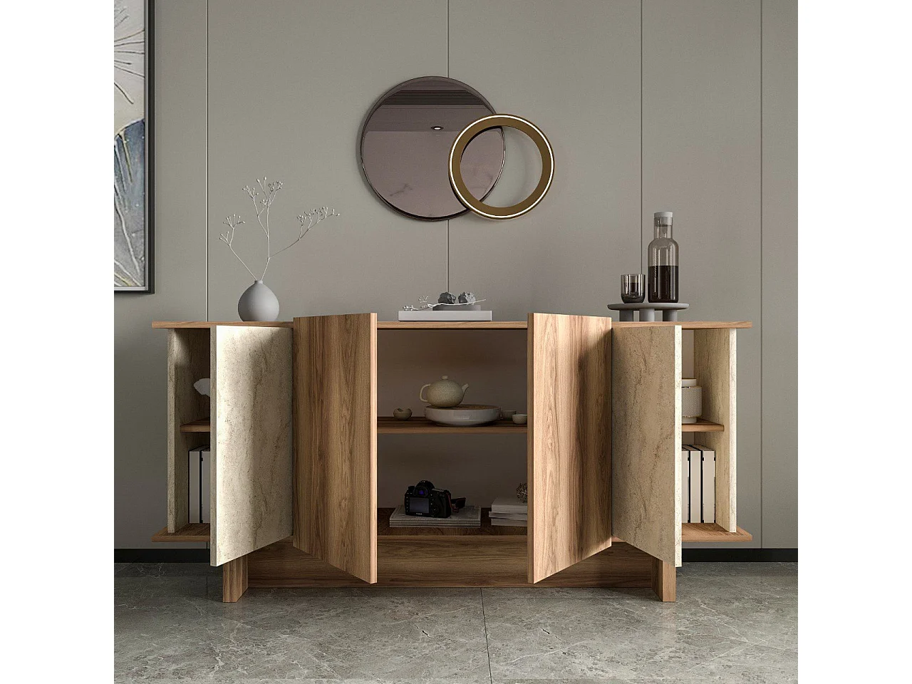 Modern träbuffé "Diana" - Travertin finish - 180 x 40 x 81 cm - 6 hyllor, 4 dörrar
