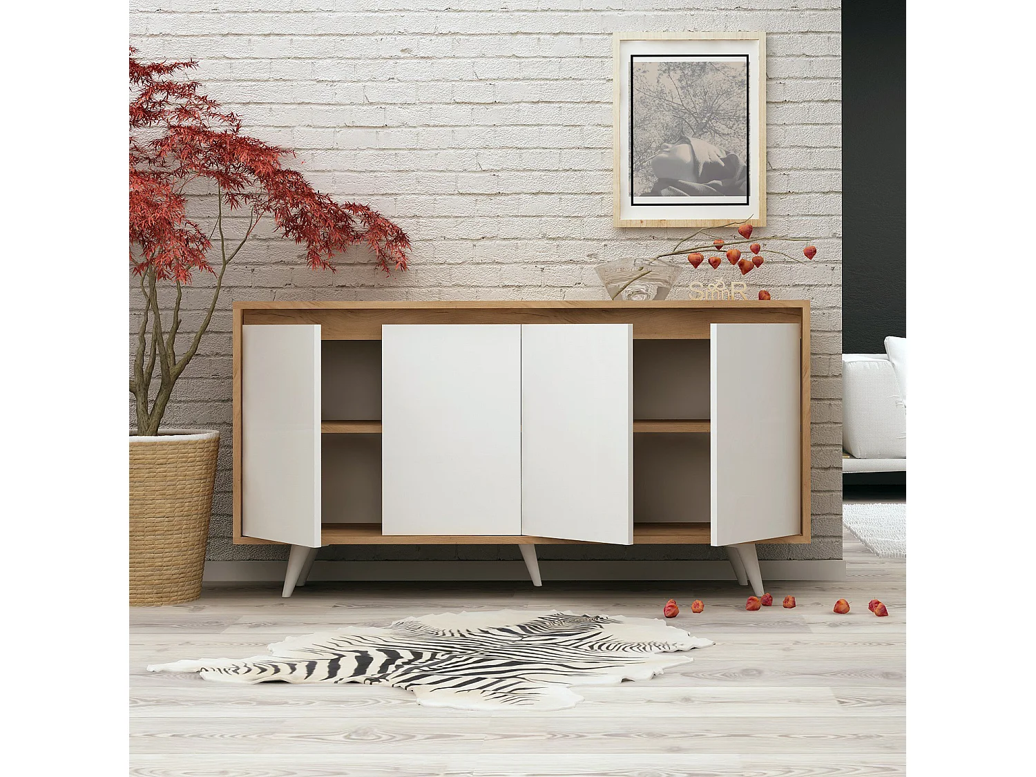 Modern Skandinavisk Träbuffé "Shans" - Vit - 140 x 40 x 86 cm - 4 Hyllor