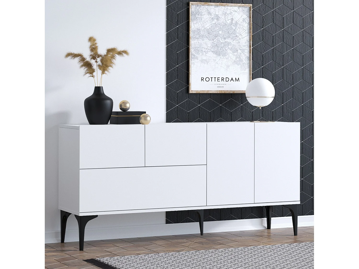 Modern vit träbuffé "Ginny" - 150 x 35 x 75 cm - Elegant design med 5 dörrar