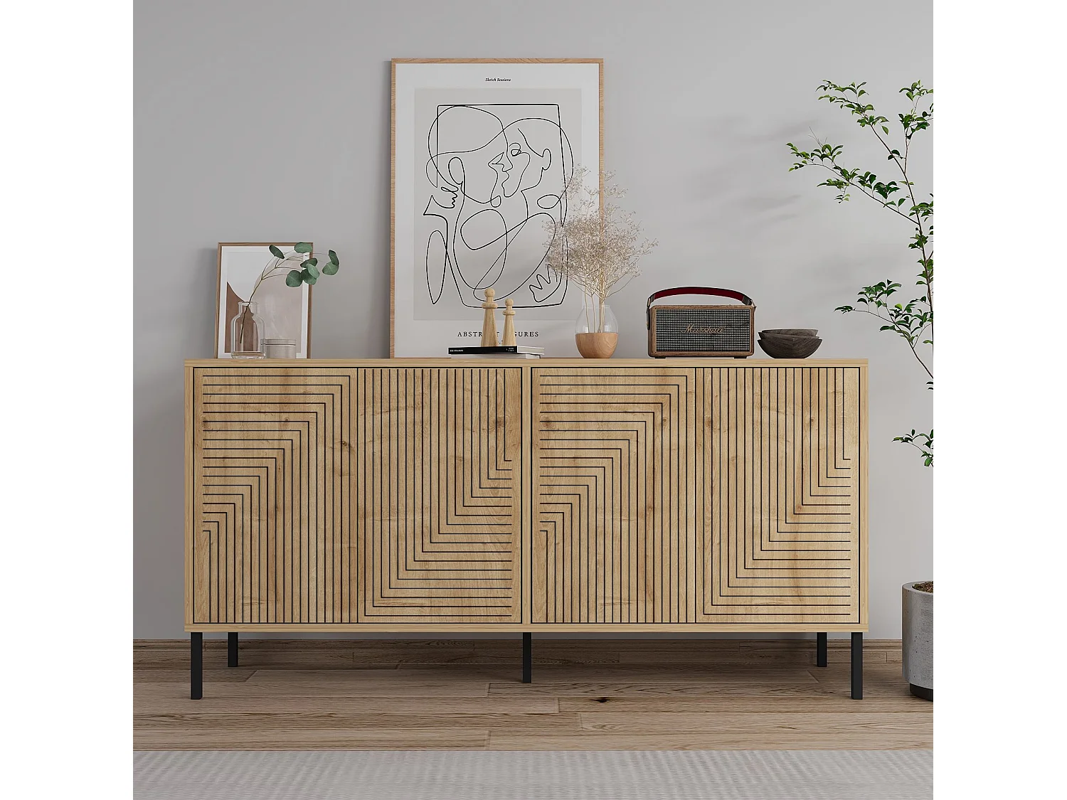 Modernes Geometrisches Holzbuffet "Evolet" 150x36x75cm Beige - Stilvolles Design, Wandmontage, Leicht zu öffnende Türen