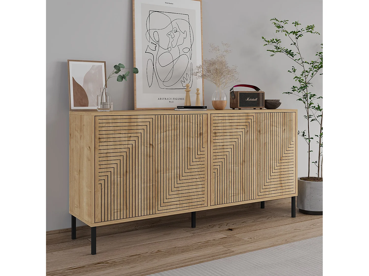 Modernes Geometrisches Holzbuffet "Evolet" 150x36x75cm Beige - Stilvolles Design, Wandmontage, Leicht zu öffnende Türen