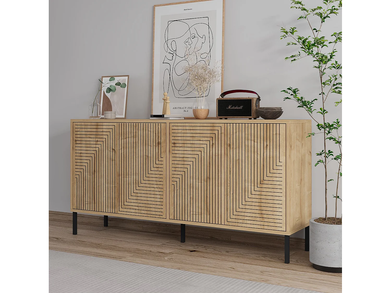 Modernes Geometrisches Holzbuffet "Evolet" 150x36x75cm Beige - Stilvolles Design, Wandmontage, Leicht zu öffnende Türen