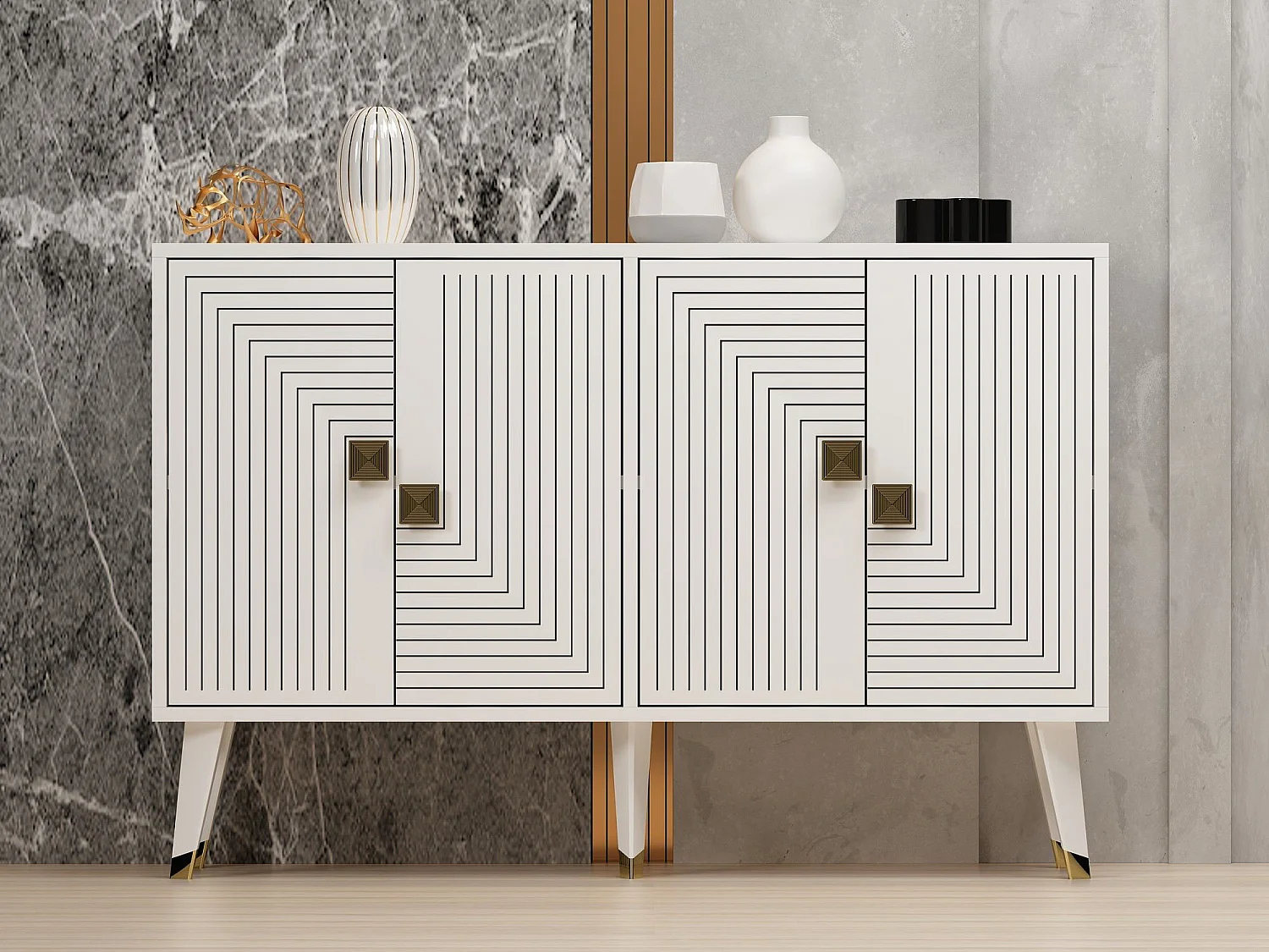 Modern Vit Trä Buffé "Ahart" - 120 x 30 x 80 cm - 4 Dörrar