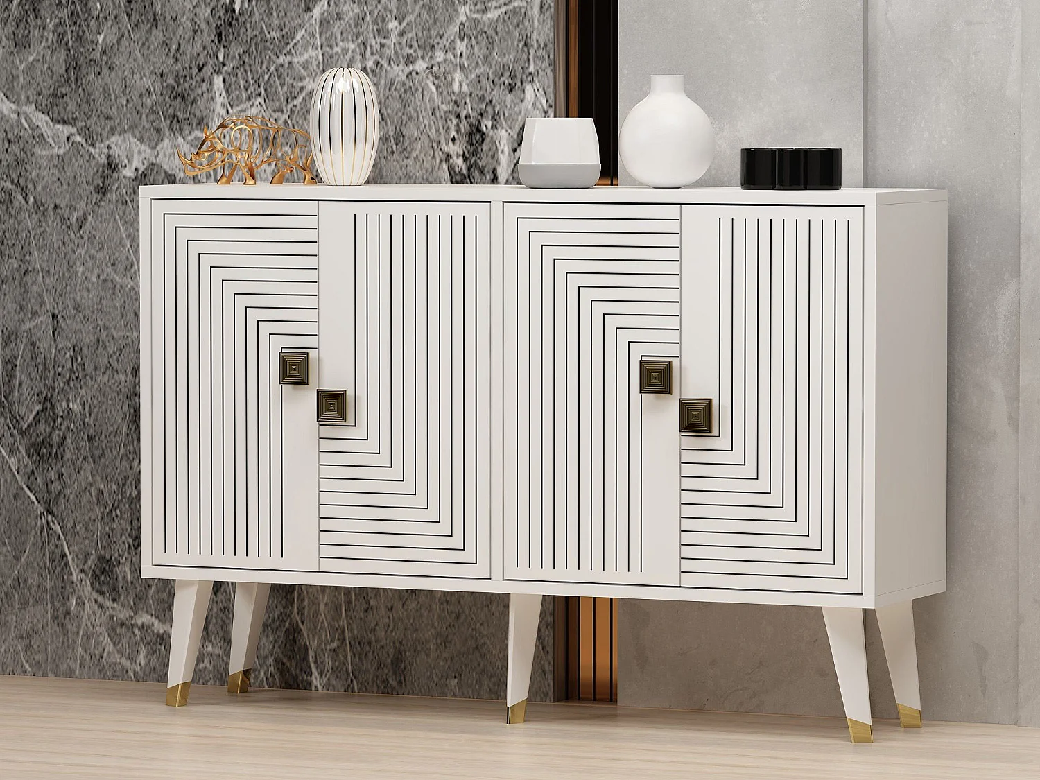 Modern Vit Trä Buffé "Ahart" - 120 x 30 x 80 cm - 4 Dörrar
