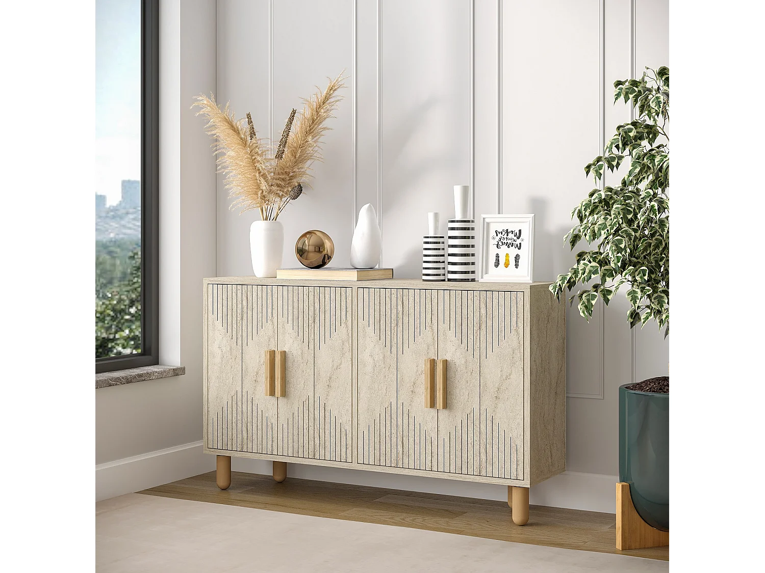 Modern Träbuffé "Roger" med Travertinfinish - 120 x 30 x 74 cm